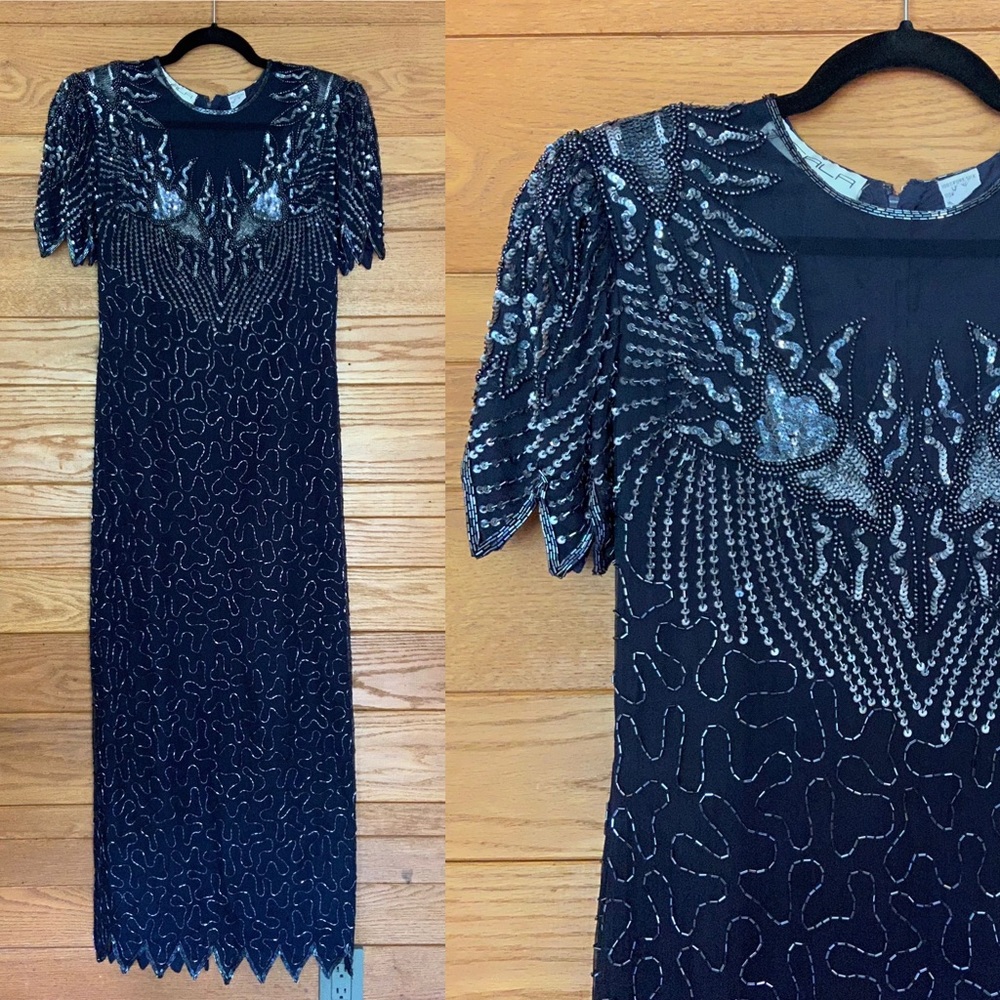 Vintage 1980s Scala navy beaded sequined gown